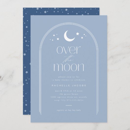 Over the Moon Sky Blue Baby Shower Invitation 招待状 (正面/裏面)