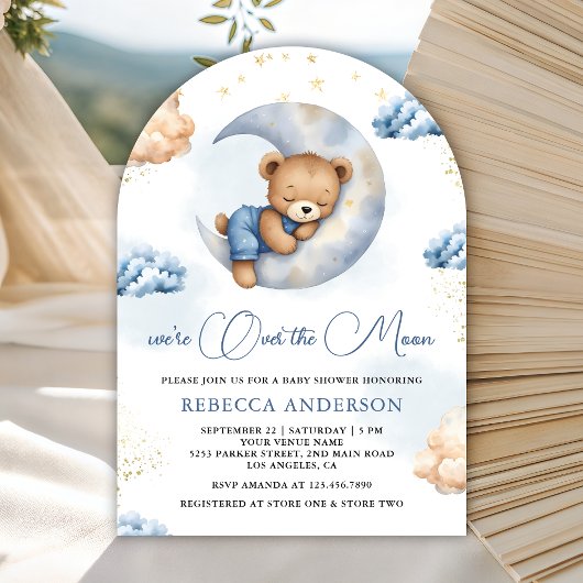 Over the Moon Sleeping Teddy Bear Blue Baby Shower 招待状