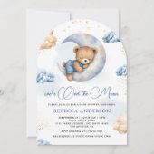 Over the Moon Sleeping Teddy Bear Blue Baby Shower 招待状 (正面)