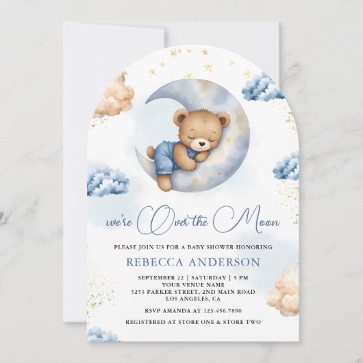 Over the Moon Sleeping Teddy Bear Blue Baby Shower 招待状 (正面)