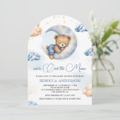 Over the Moon Sleeping Teddy Bear Blue Baby Shower 招待状 (スタンド正面)