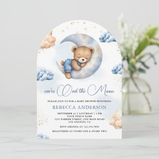 Over the Moon Sleeping Teddy Bear Blue Baby Shower 招待状 (スタンド正面)