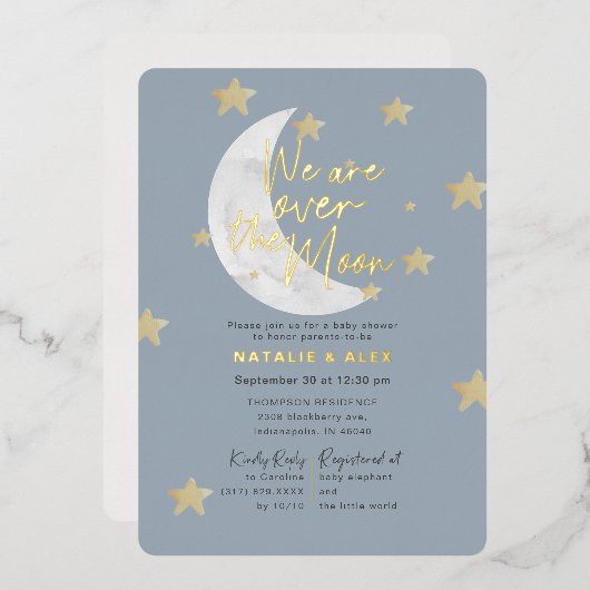 Over The Moon & Stars Boy Baby Shour 箔招待状 (正面/裏面)
