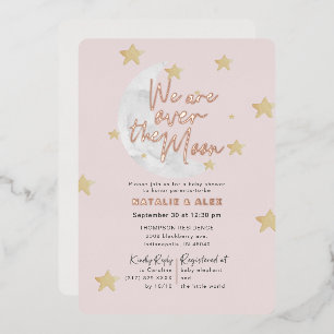 Over The Moon & Stars Girl Baby Shower Foil 箔招待状