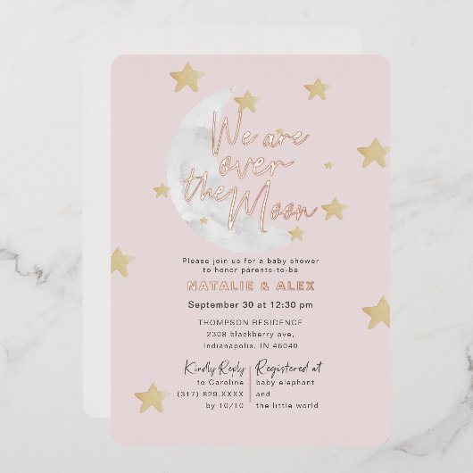 Over The Moon & Stars Girl Baby Shower Foil 箔招待状 (正面/裏面)