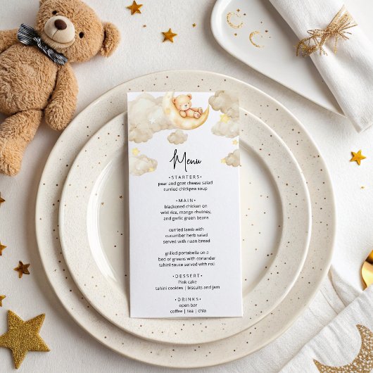 Over The Moon Teddy Bear Baby Shower Menu Card メニュー