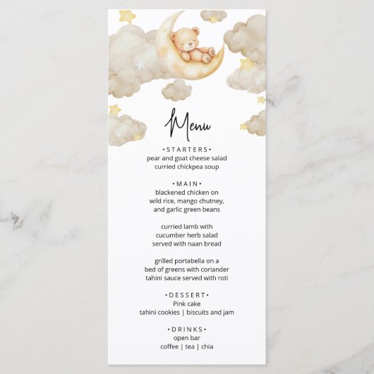 Over The Moon Teddy Bear Baby Shower Menu Card メニュー (正面)