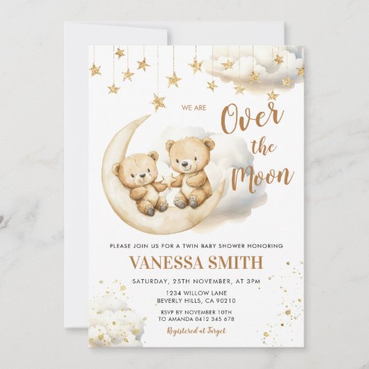 Over The Moon Twin Baby Shower Invitation 招待状 (正面)
