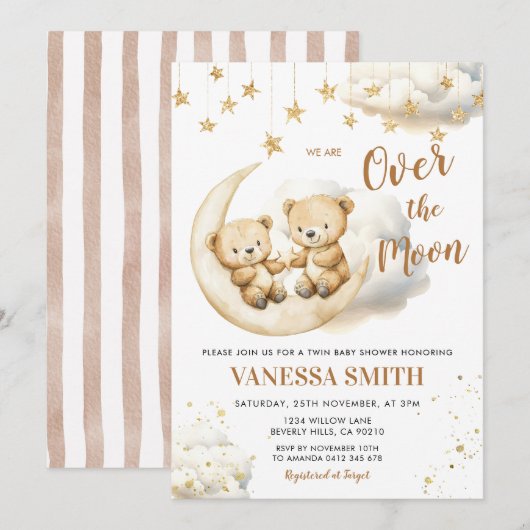 Over The Moon Twin Baby Shower Invitation 招待状 (正面/裏面)