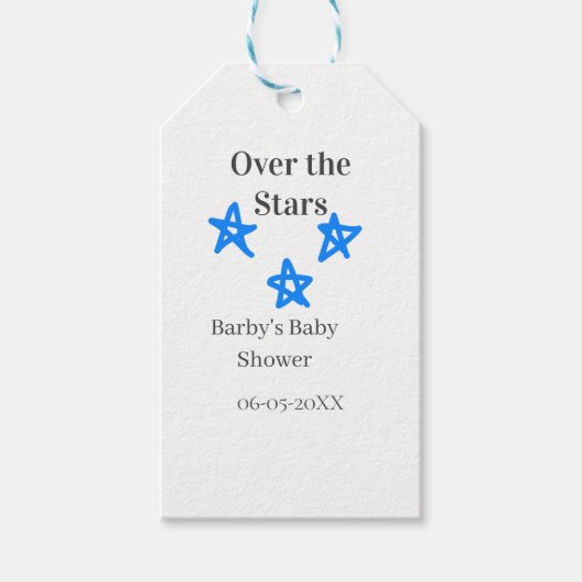 Over the Stars blue gray baby shower name date ele ギフトタグ (正面)