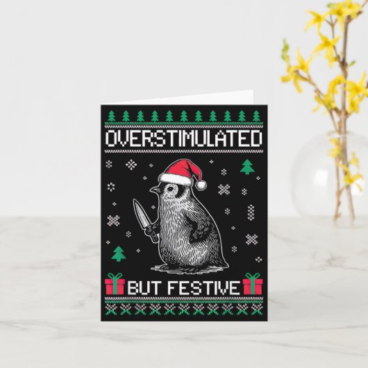 Overstimulated But Festive Christmas Ugly Penguin  カード (黄色い花)