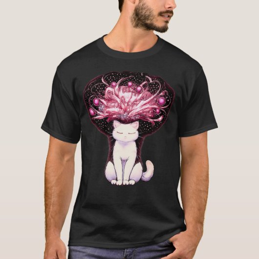 Overthinking Mind Cosmic Chaos Cat Tシャツ (正面)