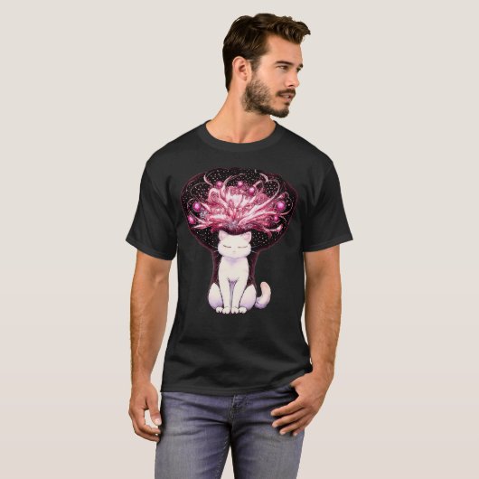 Overthinking Mind Cosmic Chaos Cat Tシャツ (正面フル)