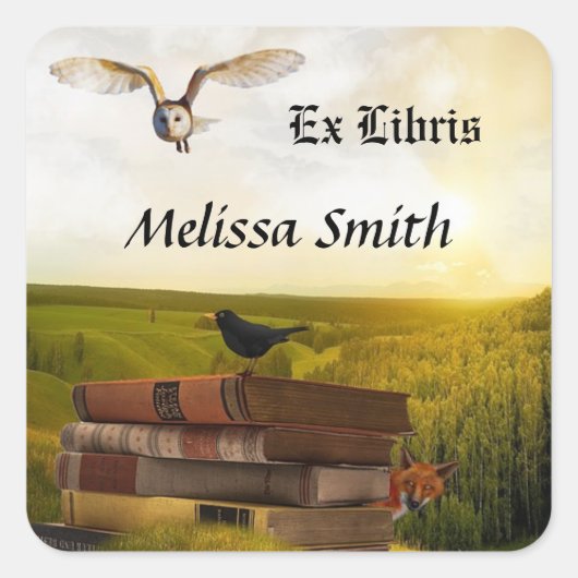 OwlとBooksはEx Librisという名前を付ける スクエアシール (正面)