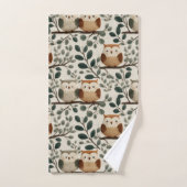 Owl and Forest Leaf Pattern バスタオルセット (ハンドタオル)