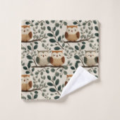 Owl and Forest Leaf Pattern バスタオルセット (ウォッシュタオル)