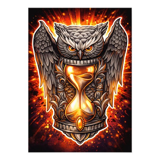 Owl and Hourglass – Hand-Drawn & Digital Art  フォトプリント (正面)