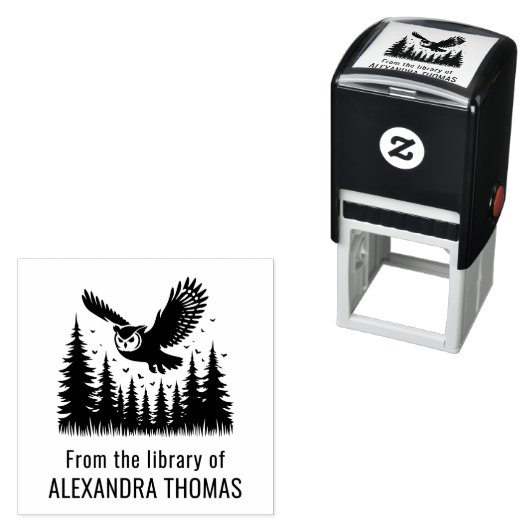 Owl Angled 飛んでいる View Fir Trees Library Book Name セルフインキングスタンプ (インサイチュ)