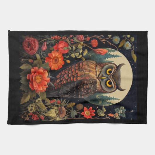 Owl at Night with a Full Moon キッチンタオル (横)