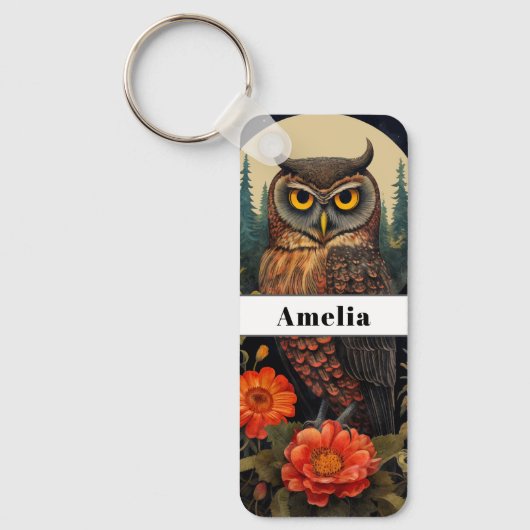 Owl at Night with a Full Moon キーホルダー (正面)