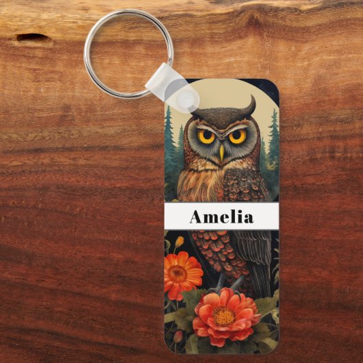 Owl at Night with a Full Moon キーホルダー (正面)