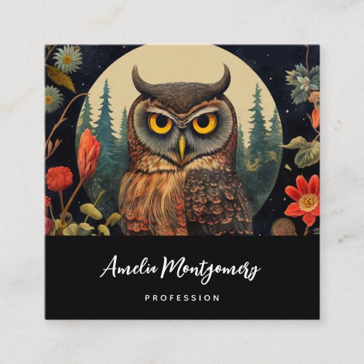 Owl at Night with a Full Moon スクエア名刺 (正面)