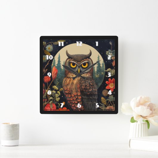 Owl at Night with a Full Moon スクエア壁時計 (ホーム)