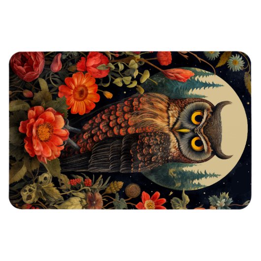 Owl at Night with a Full Moon マグネット (横)