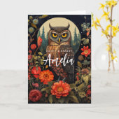 Owl at Night with a Full Moon Birthday カード (黄色い花)