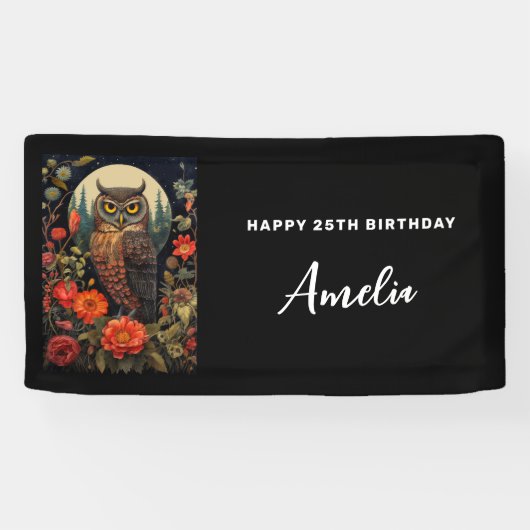 Owl at Night with a Full Moon Birthday 横断幕 (横)