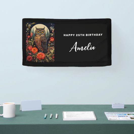 Owl at Night with a Full Moon Birthday 横断幕 (トレードショー)