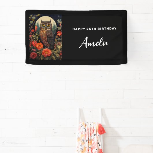 Owl at Night with a Full Moon Birthday 横断幕 (インサイチュ)