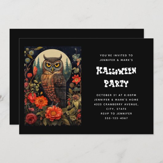 Owl at Night with a Full Moon Halloween 招待状 (正面/裏面)