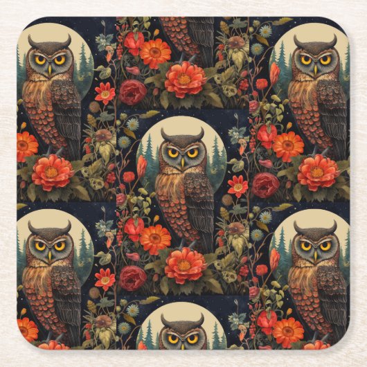 Owl at Night with a Full Moon Pattern スクエアペーパーコースター (正面)