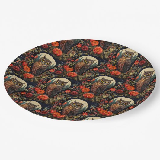 Owl at Night with a Full Moon Pattern ペーパープレート (アングル)