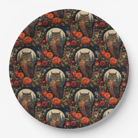 Owl at Night with a Full Moon Pattern ペーパープレート (正面)