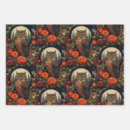 Owl at Night with a Full Moon Pattern ラッピングペーパーシート