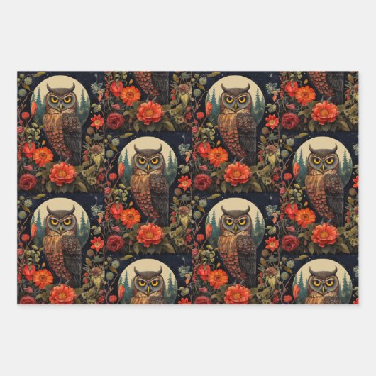 Owl at Night with a Full Moon Pattern ラッピングペーパーシート (正面3)