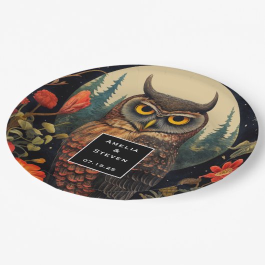 Owl at Night with a Full Moon Pattern Wedding ペーパープレート (アングル)