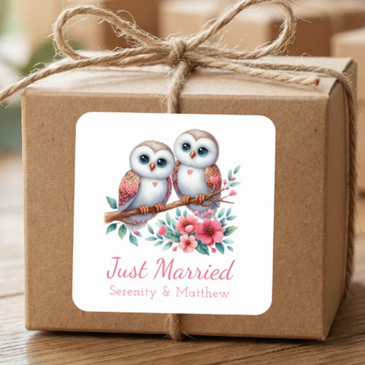 Owl Boho Rustic Country Woodland Just Married スクエアシール
