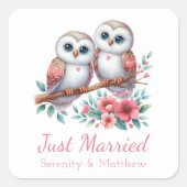 Owl Boho Rustic Country Woodland Just Married スクエアシール (正面)