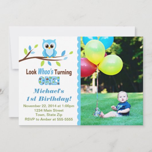 Owl Boy 1st Birthday招待状5 x 7フォトカード 招待状 (正面)