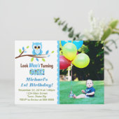 Owl Boy 1st Birthday招待状5 x 7フォトカード 招待状 (スタンド正面)