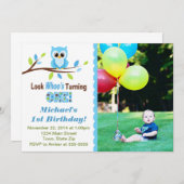 Owl Boy 1st Birthday招待状5 x 7フォトカード 招待状 (正面/裏面)