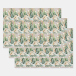 Owl Chrismas Wrapping Paper Flat Sheet Set of 3 ラッピングペーパーシート