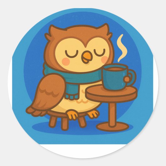 Owl Coffee Break (Blue Background) Sticker ラウンドシール (正面)