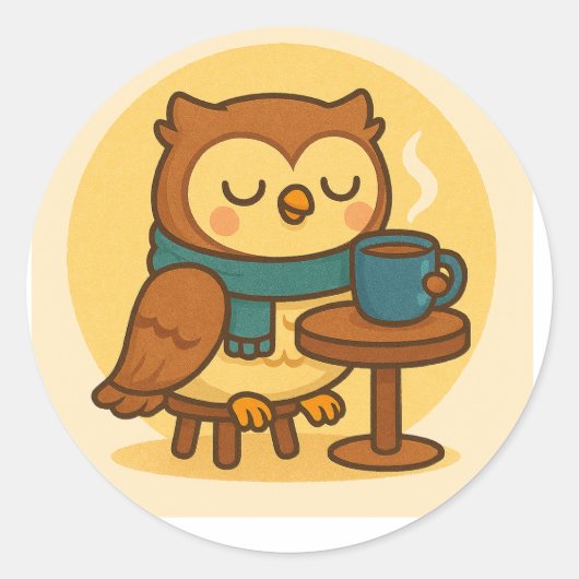 Owl Coffee Break Sticker ラウンドシール (正面)