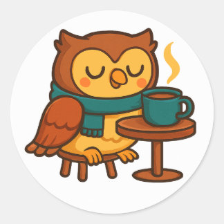 Owl Coffee Break (White Background Glossy) Sticker ラウンドシール