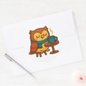 Owl Coffee Break (White Background Glossy) Sticker ラウンドシール (封筒)