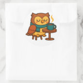 Owl Coffee Break (White Background Glossy) Sticker ラウンドシール (バッグ)